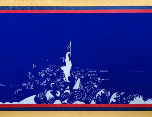 New work in white ink on a Tibetan blue background